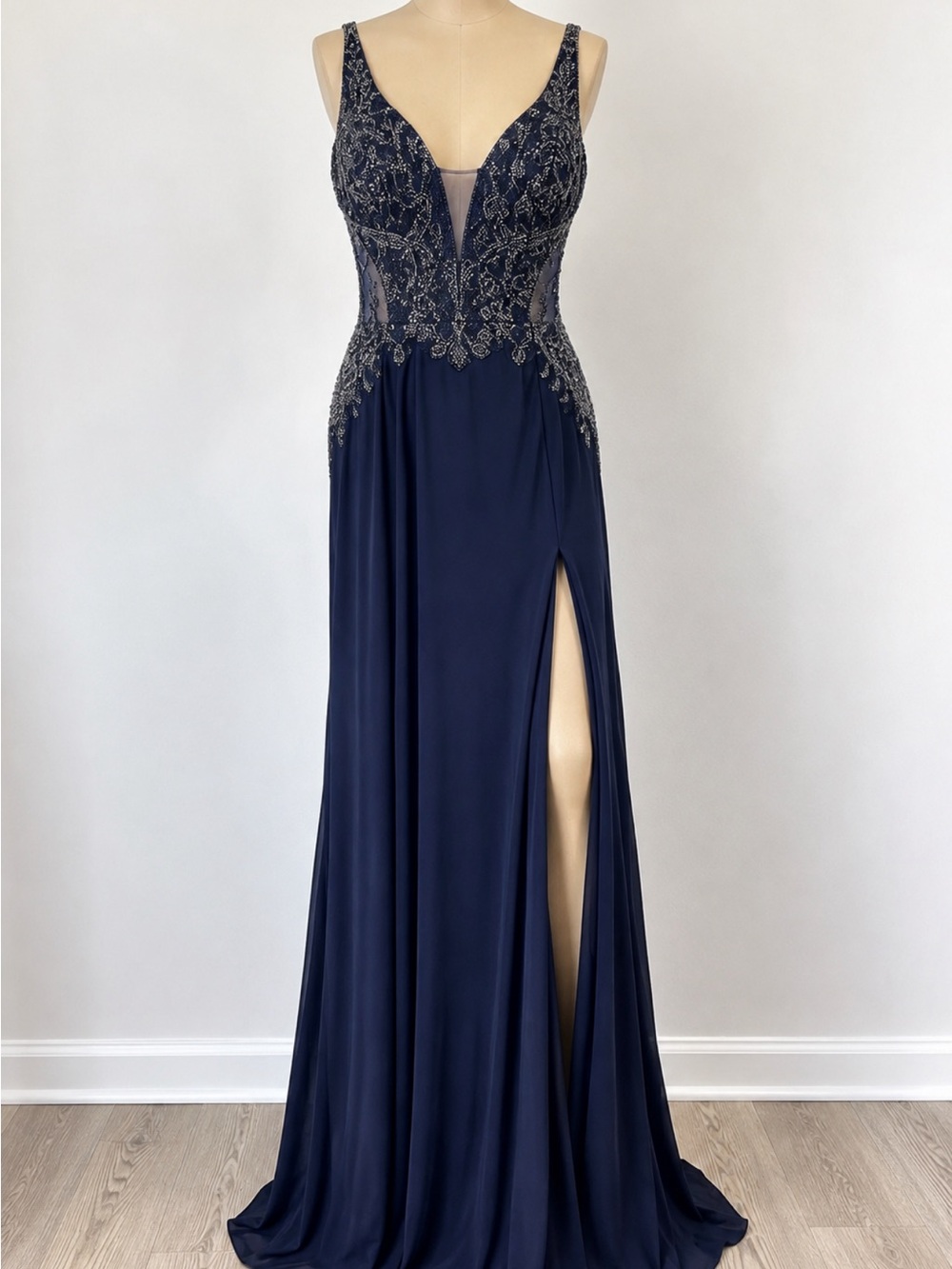 AMARRA Size 4 Navy Beaded Prom Gown Open Back High Slit NWT